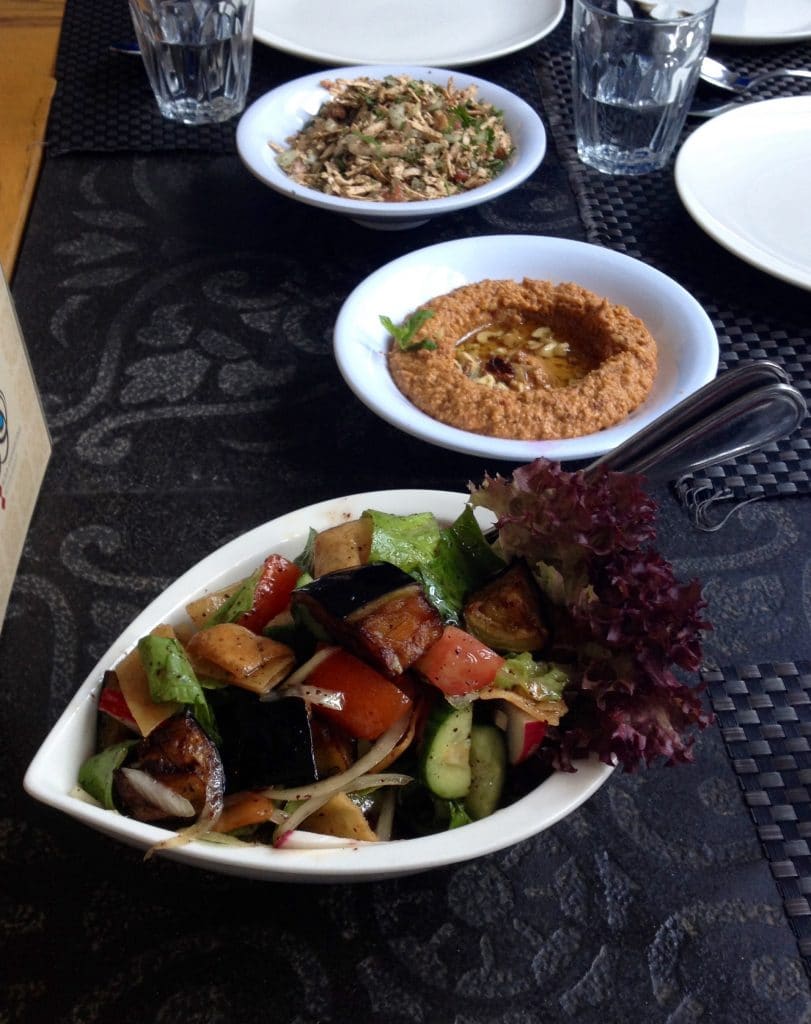 Eggplant fattoush; mohammera bel jouz; shanklish